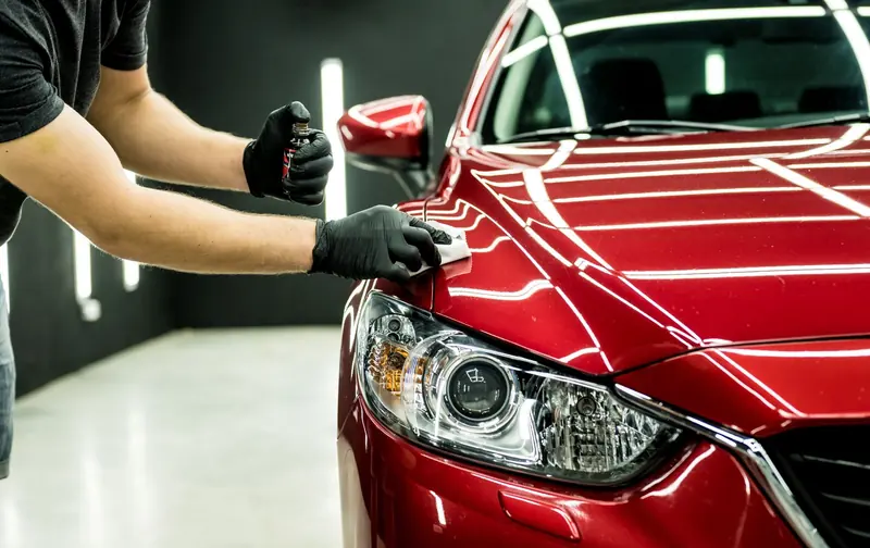 A red car being polished in a driveway